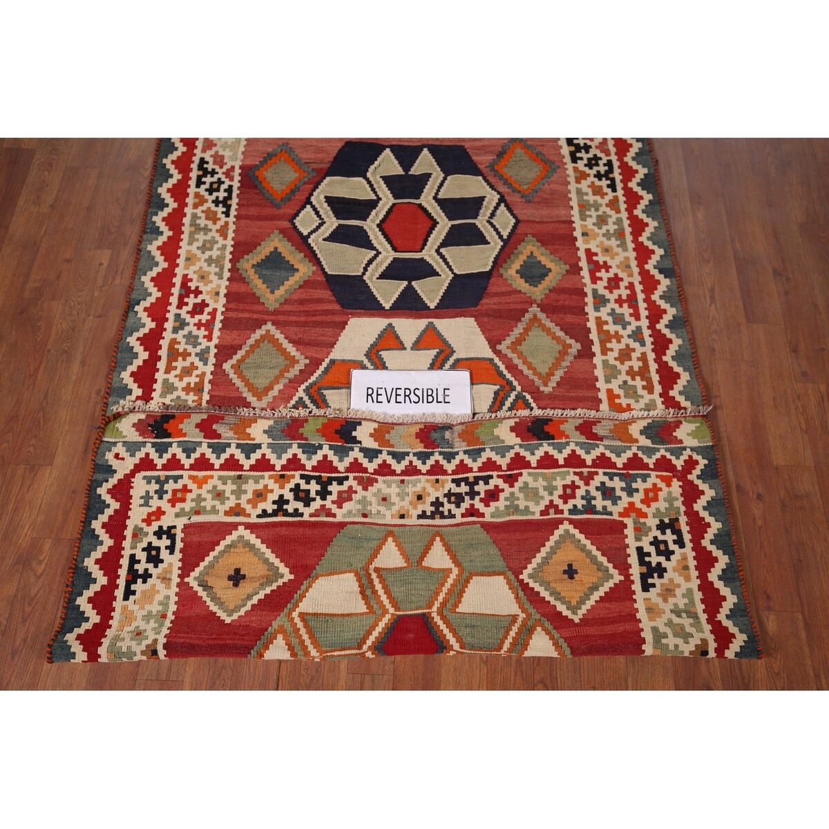 Geometric Kilim Qashqai Nomadic Persian Antique Flatweave Wool Carpet - 4'2"x 6'9"