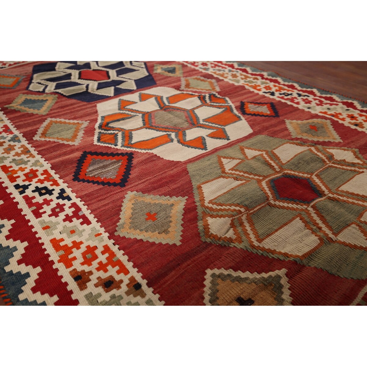 Geometric Kilim Qashqai Nomadic Persian Antique Flatweave Wool Carpet - 4'2"x 6'9"