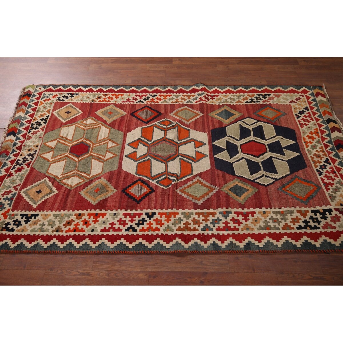 Geometric Kilim Qashqai Nomadic Persian Antique Flatweave Wool Carpet - 4'2"x 6'9"