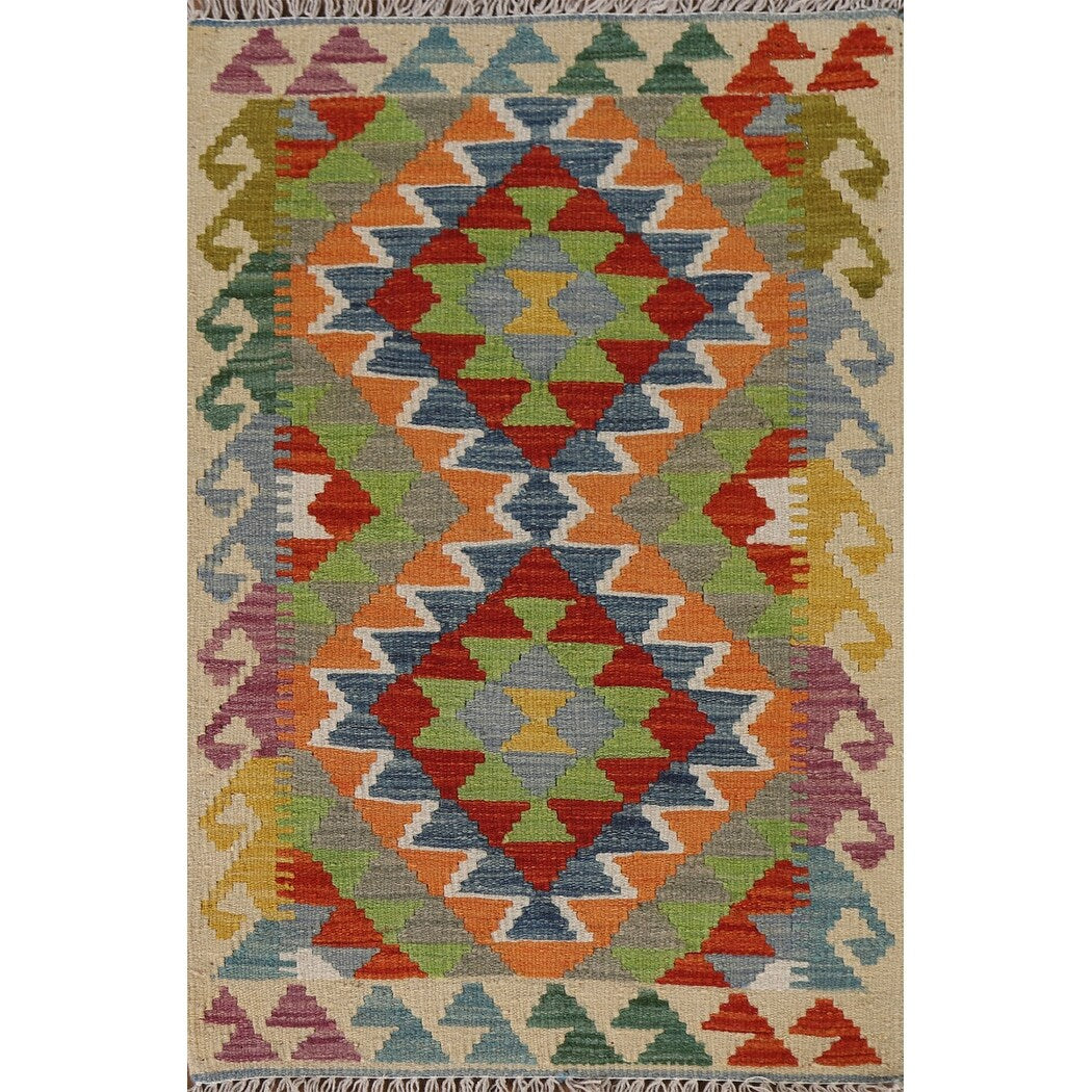 Geometric Kilim Reversible Accent Rug Flatweave Wool Carpet - 1'11"x 3'1"