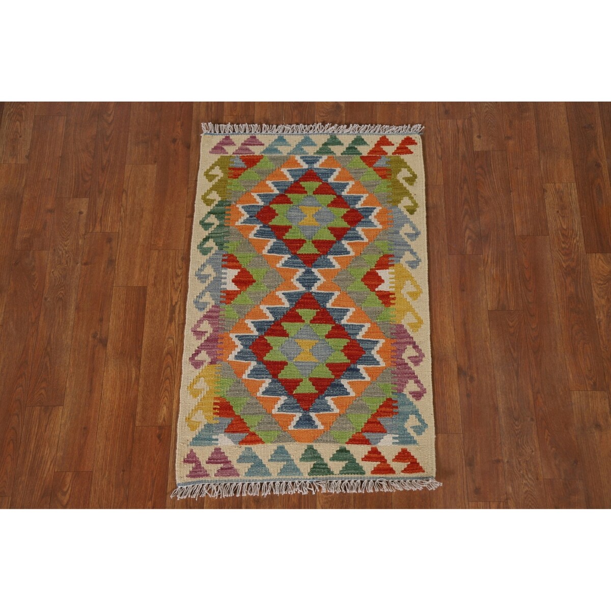 Geometric Kilim Reversible Accent Rug Flatweave Wool Carpet - 1'11"x 3'1"