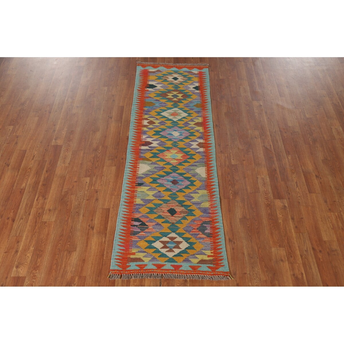 Geometric Kilim Runner Rug Flatweave Oriental Wool Carpet - 2'2"x 6'7"