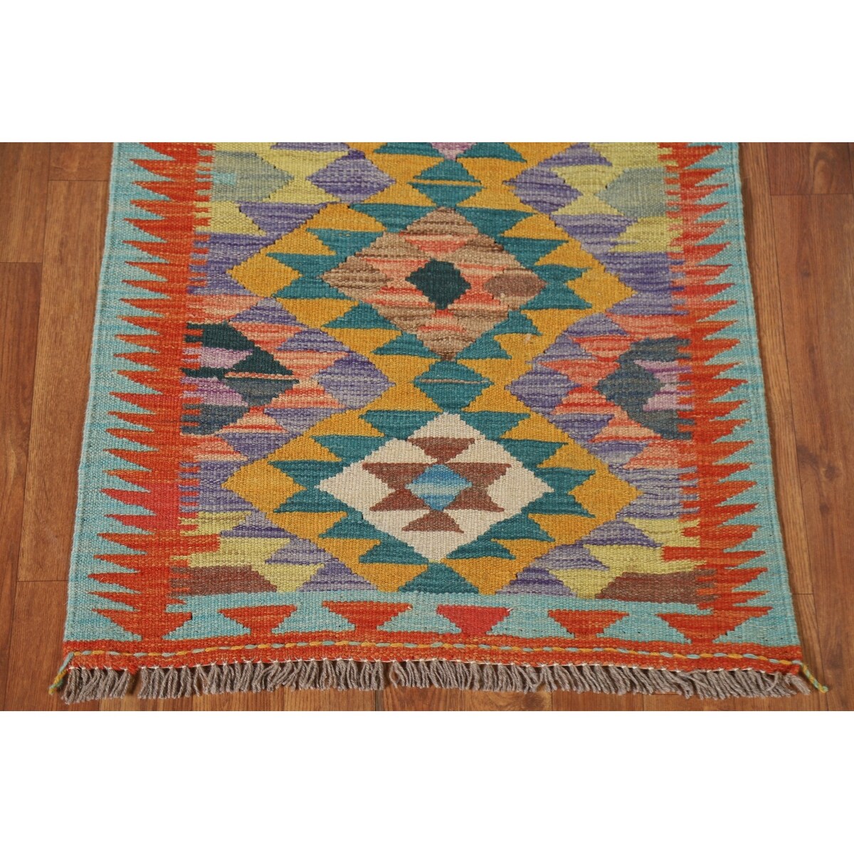 Geometric Kilim Runner Rug Flatweave Oriental Wool Carpet - 2'2"x 6'7"