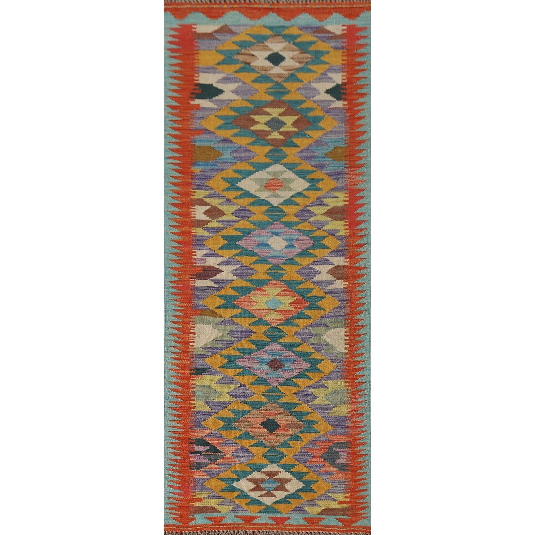 Geometric Kilim Runner Rug Flatweave Oriental Wool Carpet - 2'2"x 6'7"