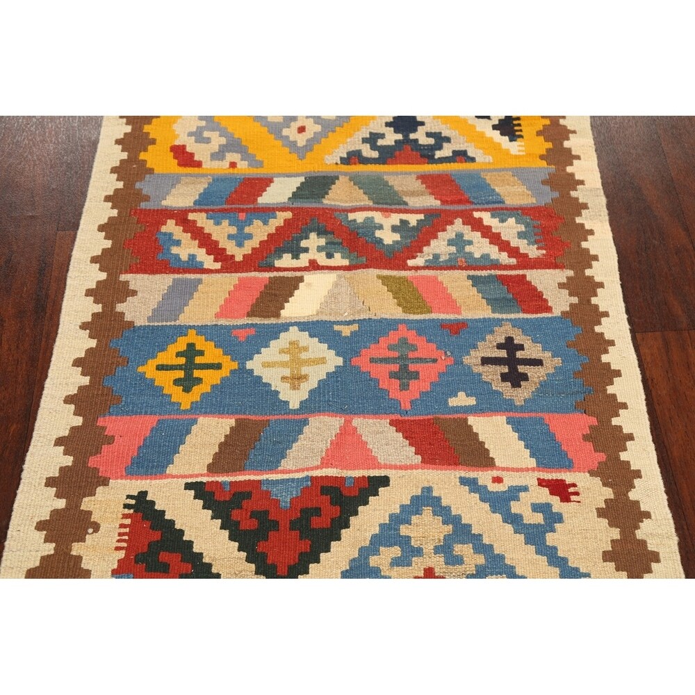 Geometric Kilim Shiraz Persian Area Rug Flat-Woven Kitchen Size Carpet - 2'9" x 3'10"