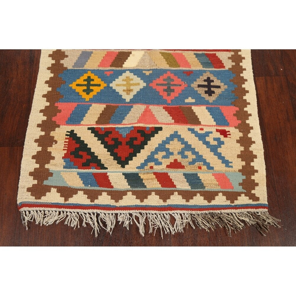 Geometric Kilim Shiraz Persian Area Rug Flat-Woven Kitchen Size Carpet - 2'9" x 3'10"