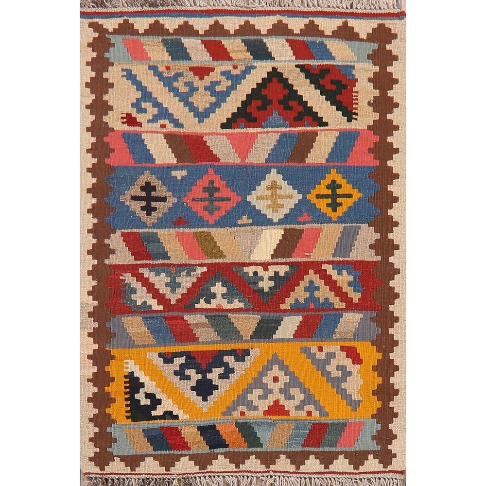 Geometric Kilim Shiraz Persian Area Rug Flat-Woven Kitchen Size Carpet - 2'9" x 3'10"