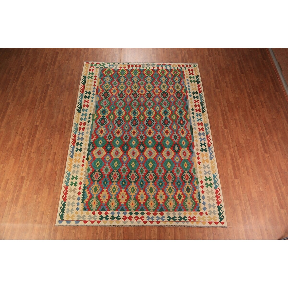 Geometric Multi-Color Kilim Reversible Area Rug Flatweave Wool Carpet - 8'0"x 11'3"