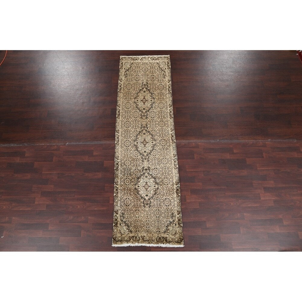 Geometric Muted Tabriz Hand Knotted Wool Vintage Persian Rug - 9'10" x 2'10" runner