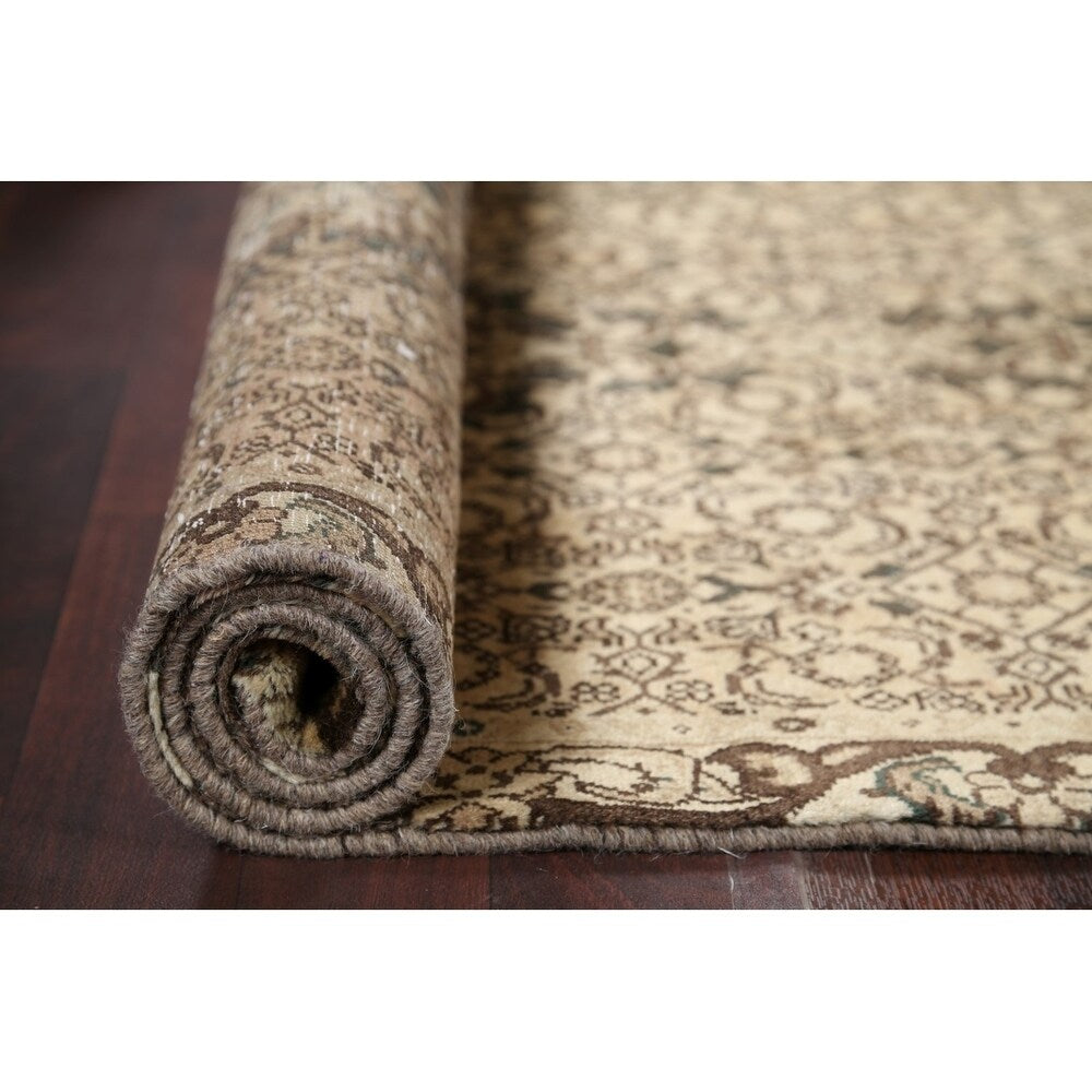 Geometric Muted Tabriz Hand Knotted Wool Vintage Persian Rug - 9'10" x 2'10" runner