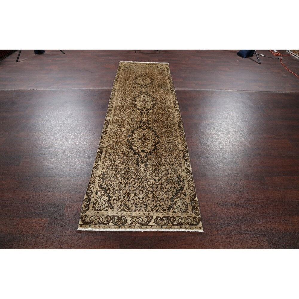 Geometric Muted Tabriz Hand Knotted Wool Vintage Persian Rug - 9'10" x 2'10" runner
