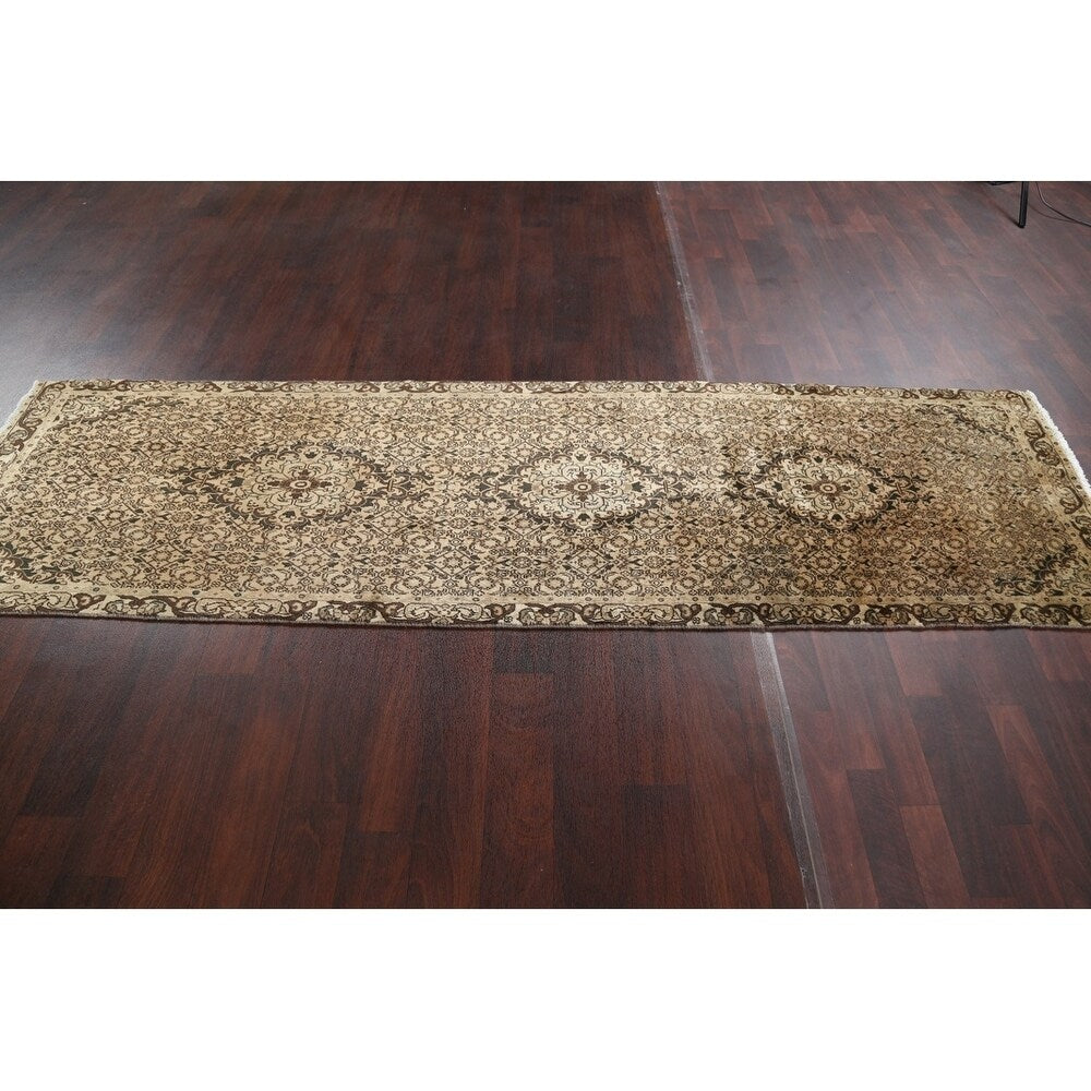 Geometric Muted Tabriz Hand Knotted Wool Vintage Persian Rug - 9'10" x 2'10" runner