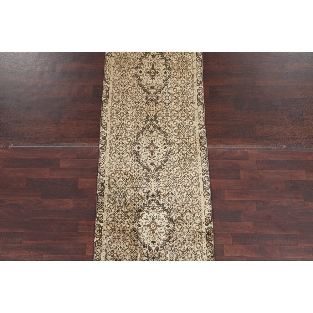 Geometric Muted Tabriz Hand Knotted Wool Vintage Persian Rug - 9'10" x 2'10" runner