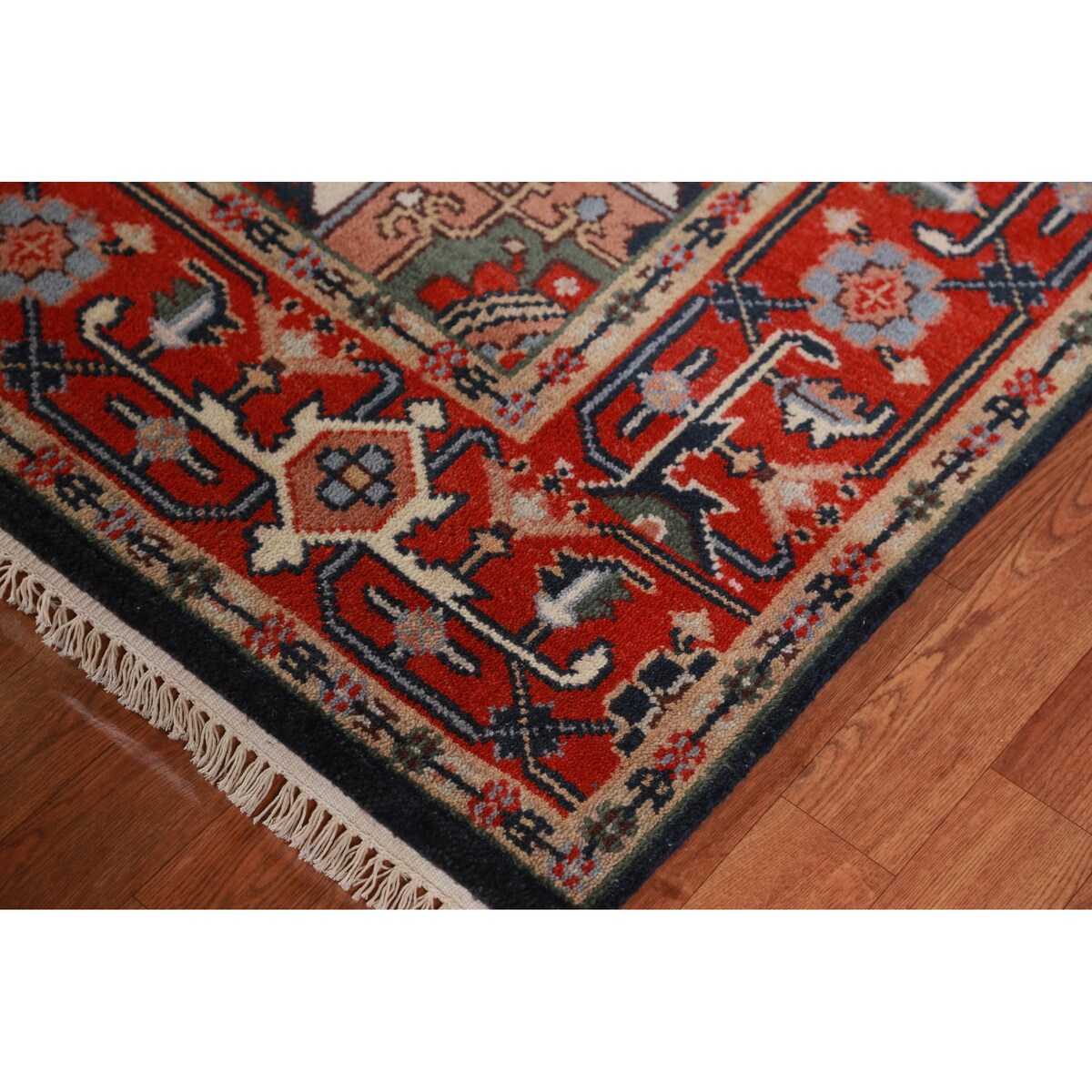 Geometric Navy Blue Heriz Serapi Indian Rug Hand-Knotted Wool Carpet - 6'1" x 9'0"