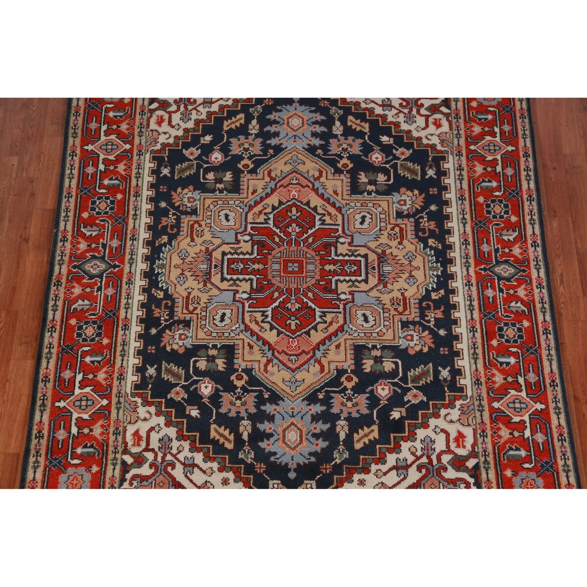 Geometric Navy Blue Heriz Serapi Indian Rug Hand-Knotted Wool Carpet - 6'1" x 9'0"