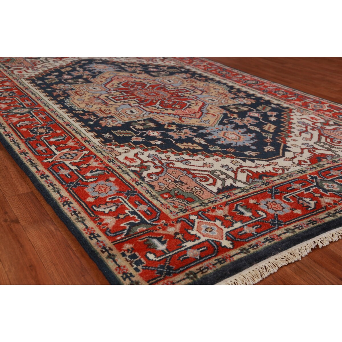 Geometric Navy Blue Heriz Serapi Indian Rug Hand-Knotted Wool Carpet - 6'1" x 9'0"