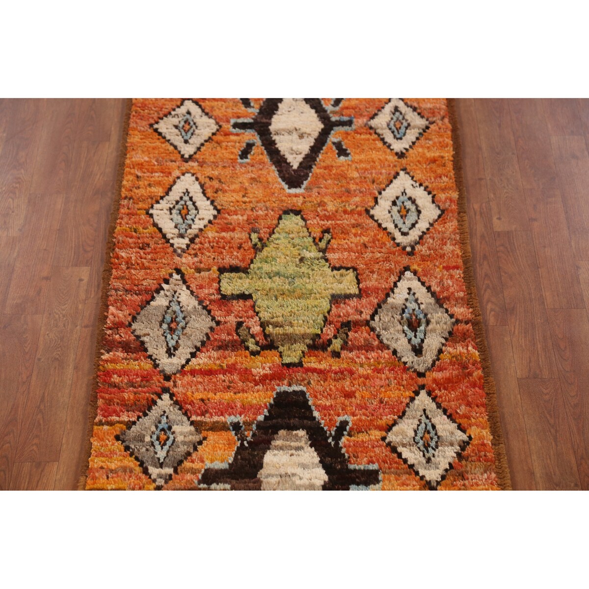 Geometric Orange Moroccan Oriental Runner Rug Handmade Wool Carpet - 2'9" x 9'9"