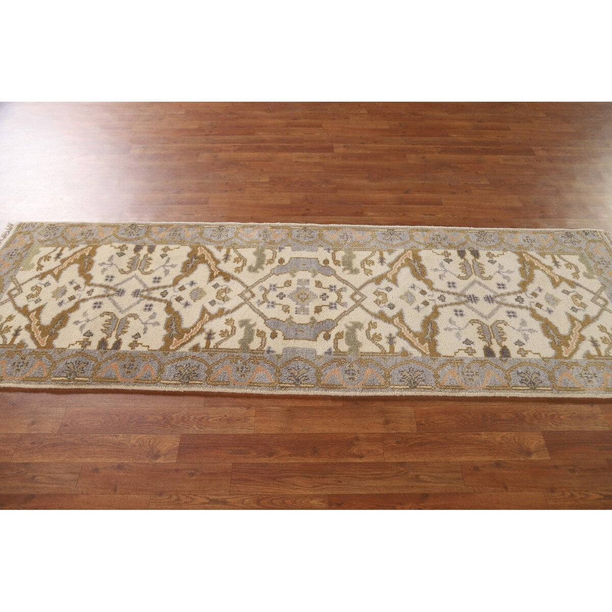 Geometric Oushak Oriental Runner Rug Handmade Wool Carpet - 2'7"x 7'11"