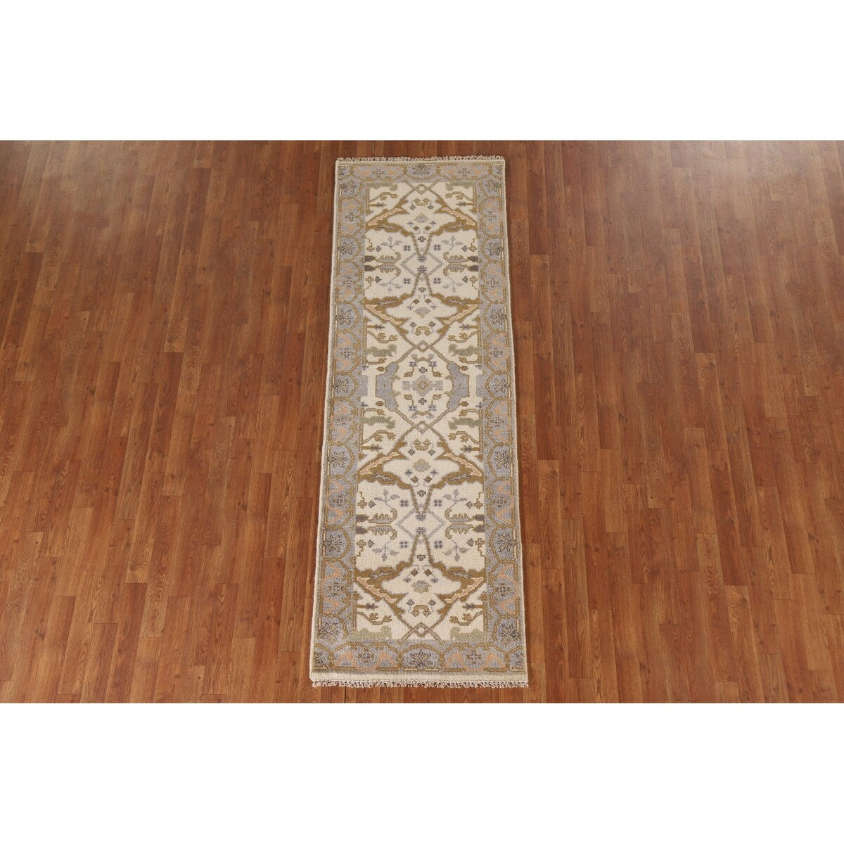 Geometric Oushak Oriental Runner Rug Handmade Wool Carpet - 2'7"x 7'11"