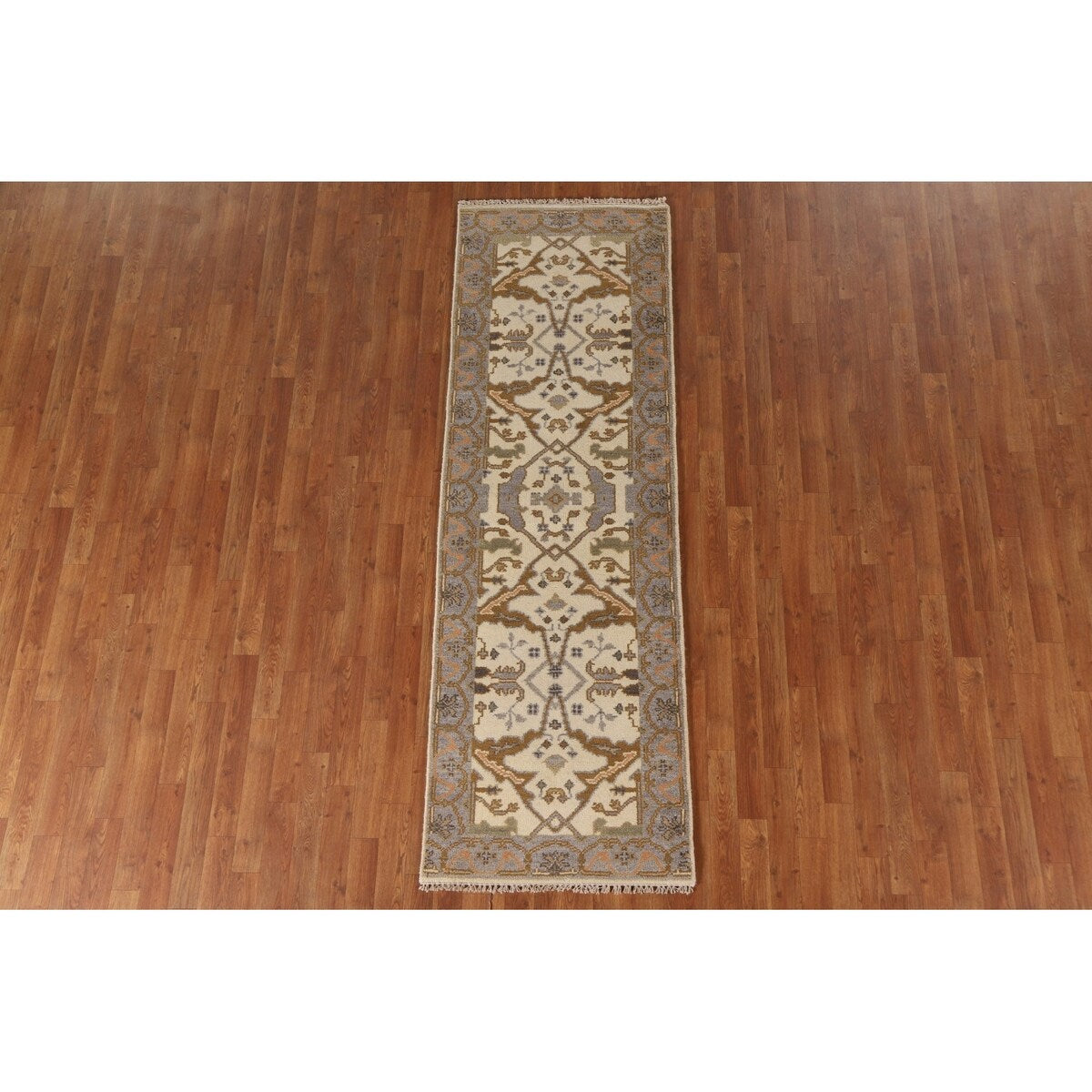 Geometric Oushak Oriental Runner Rug Handmade Wool Carpet - 2'7"x 7'11"