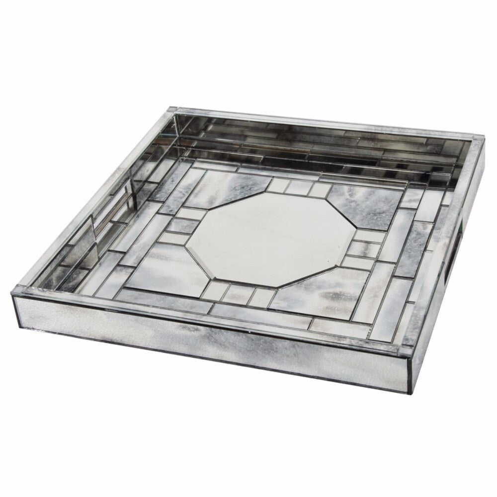 Geometric Pattern Square Tray With Efficient Space - silver & gray