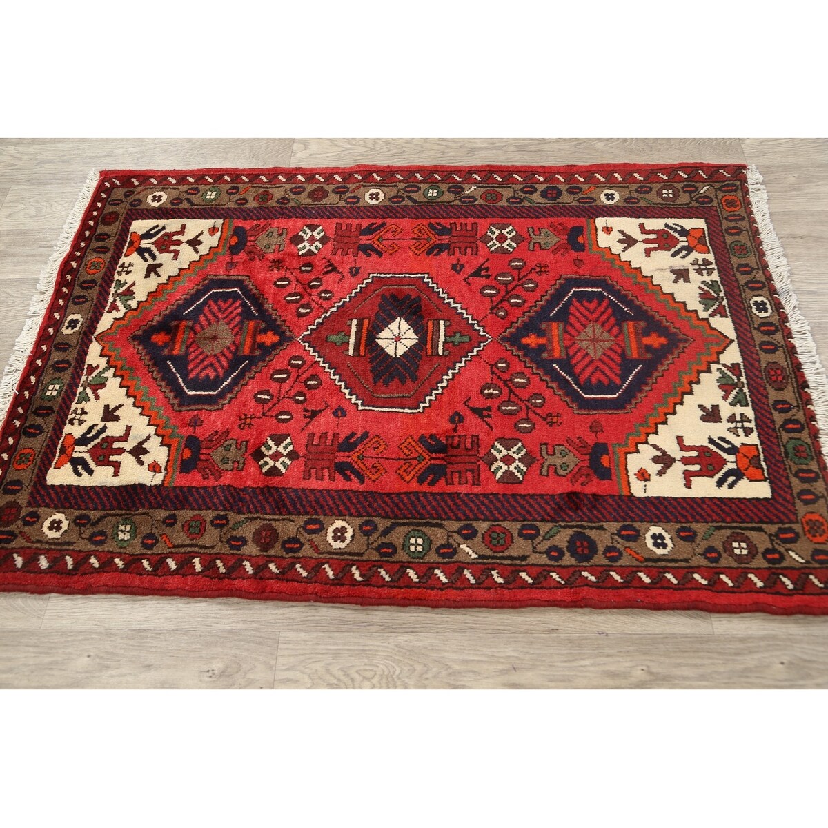 Geometric Persian Hamedan Area Rug Wool Hand-knotted Kitchen Carpet - 3'2" x 4'7"