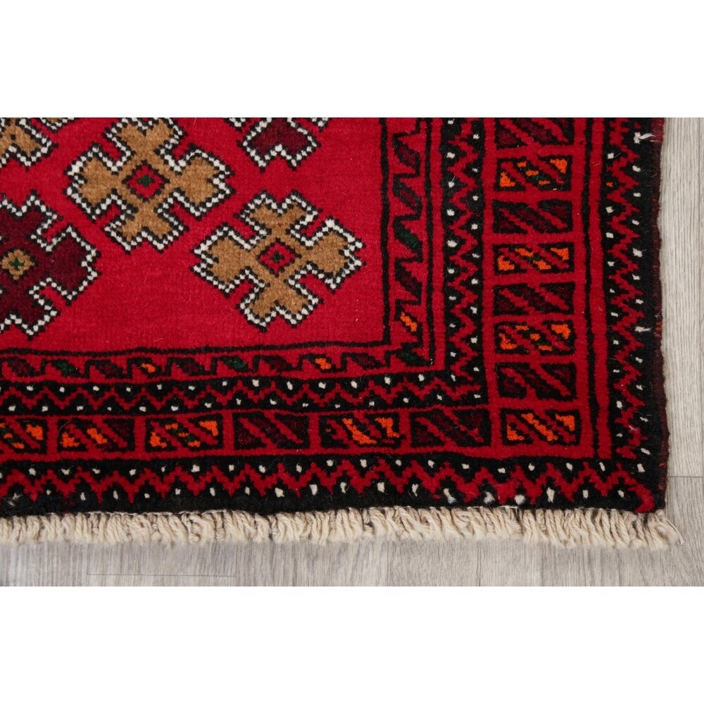 Geometric Red Balouch Afghan Oriental Wool Area Rug - 4' 1'' X 6' 3''