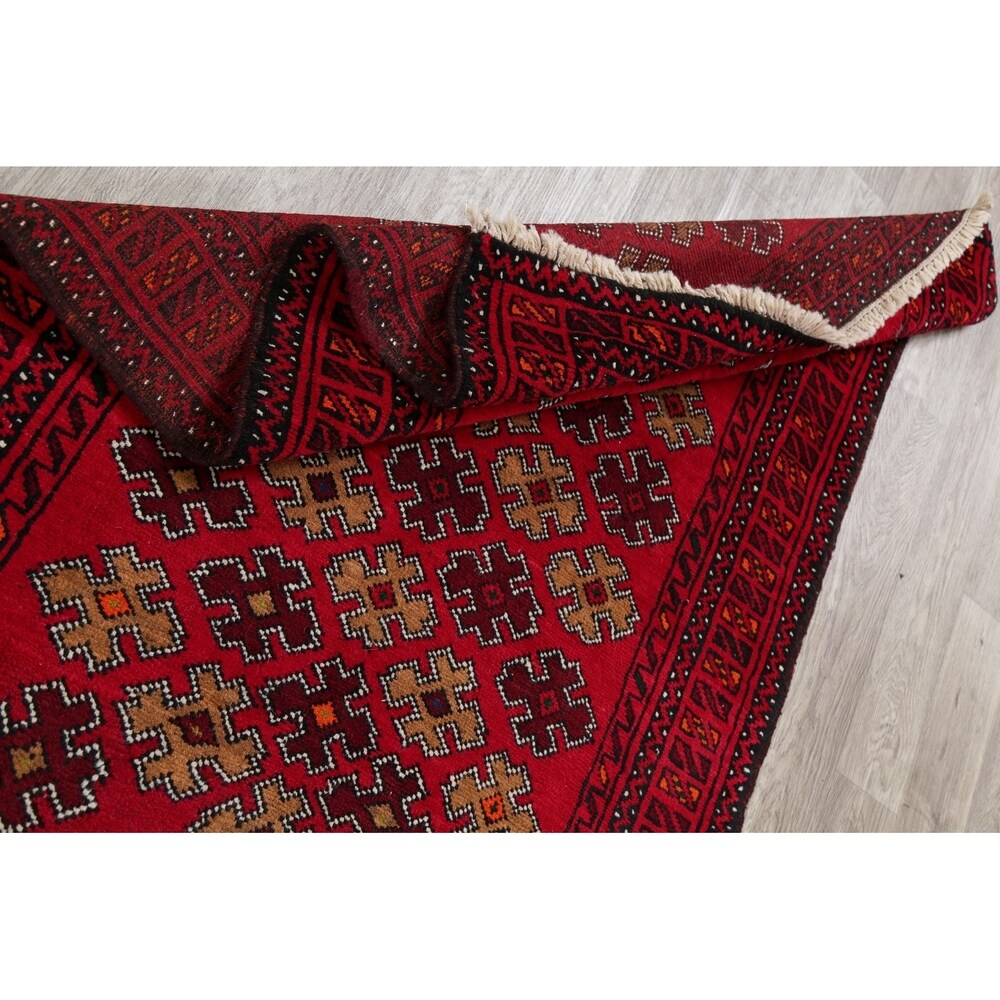 Geometric Red Balouch Afghan Oriental Wool Area Rug - 4' 1'' X 6' 3''
