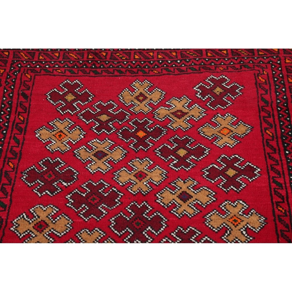 Geometric Red Balouch Afghan Oriental Wool Area Rug - 4' 1'' X 6' 3''