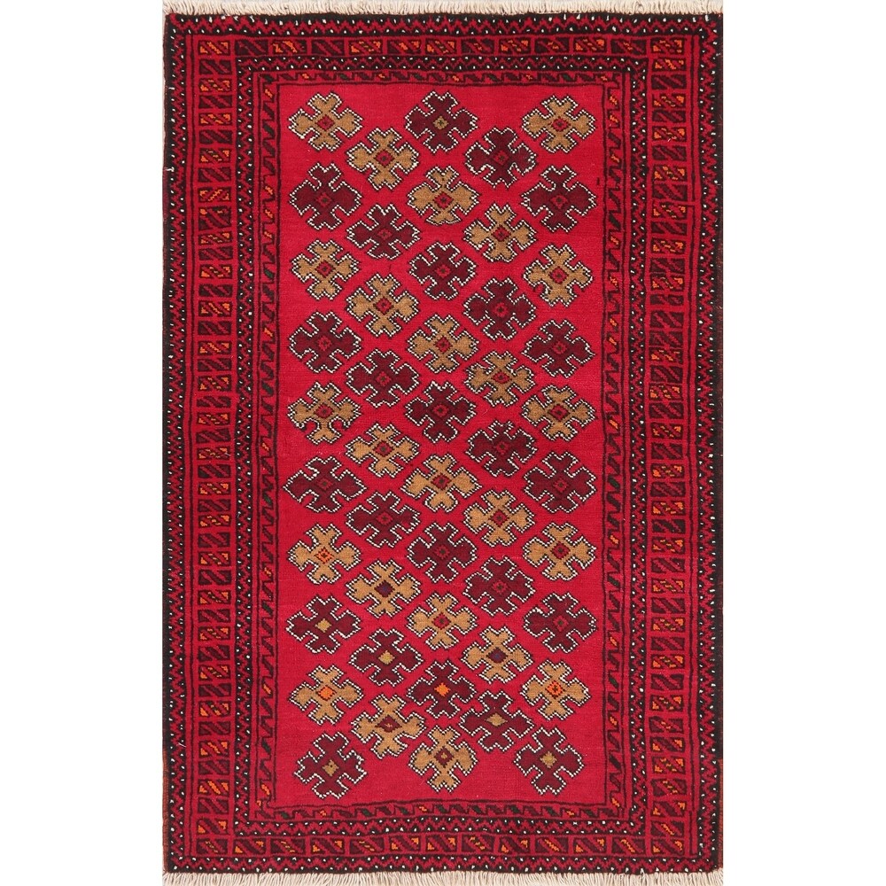 Geometric Red Balouch Afghan Oriental Wool Area Rug - 4' 1'' X 6' 3''