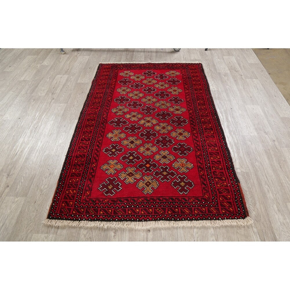 Geometric Red Balouch Afghan Oriental Wool Area Rug - 4' 1'' X 6' 3''