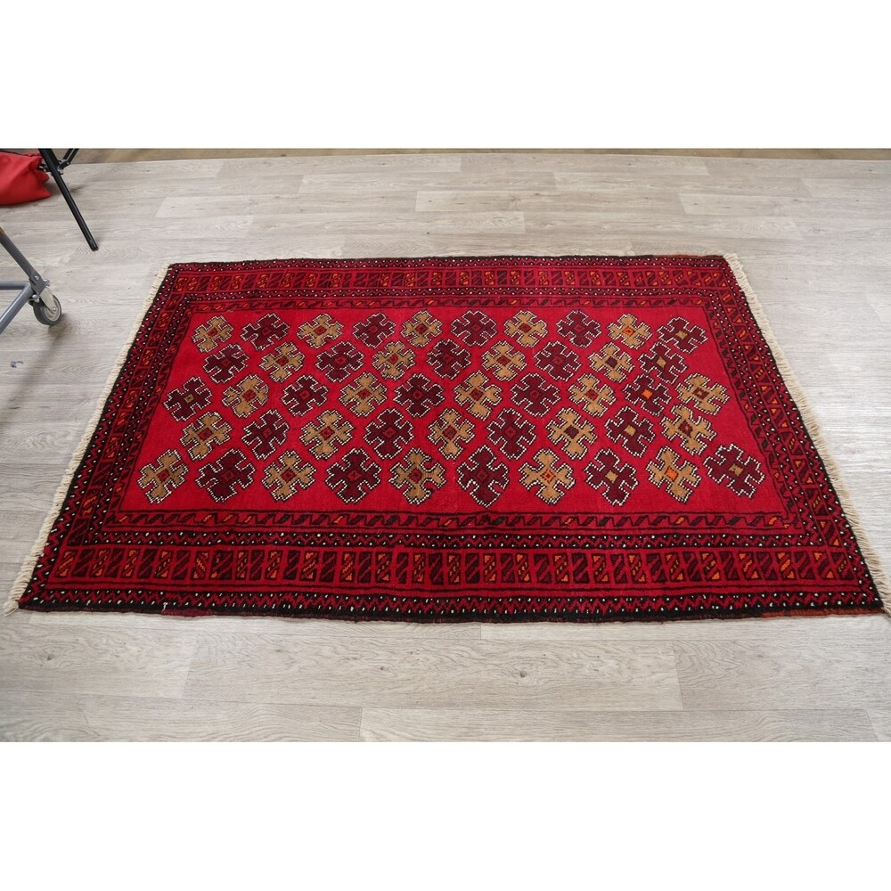 Geometric Red Balouch Afghan Oriental Wool Area Rug - 4' 1'' X 6' 3''