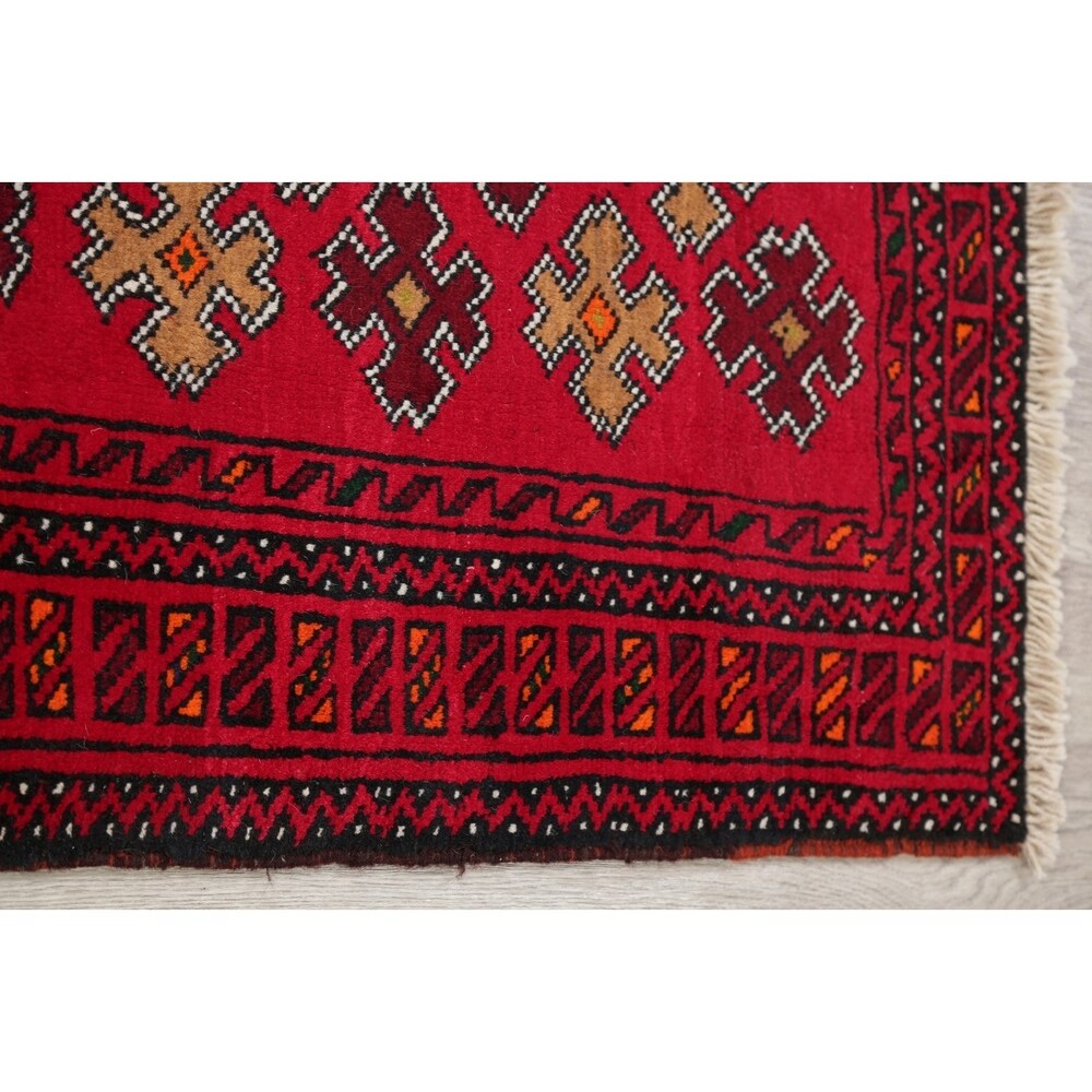 Geometric Red Balouch Afghan Oriental Wool Area Rug - 4' 1'' X 6' 3''