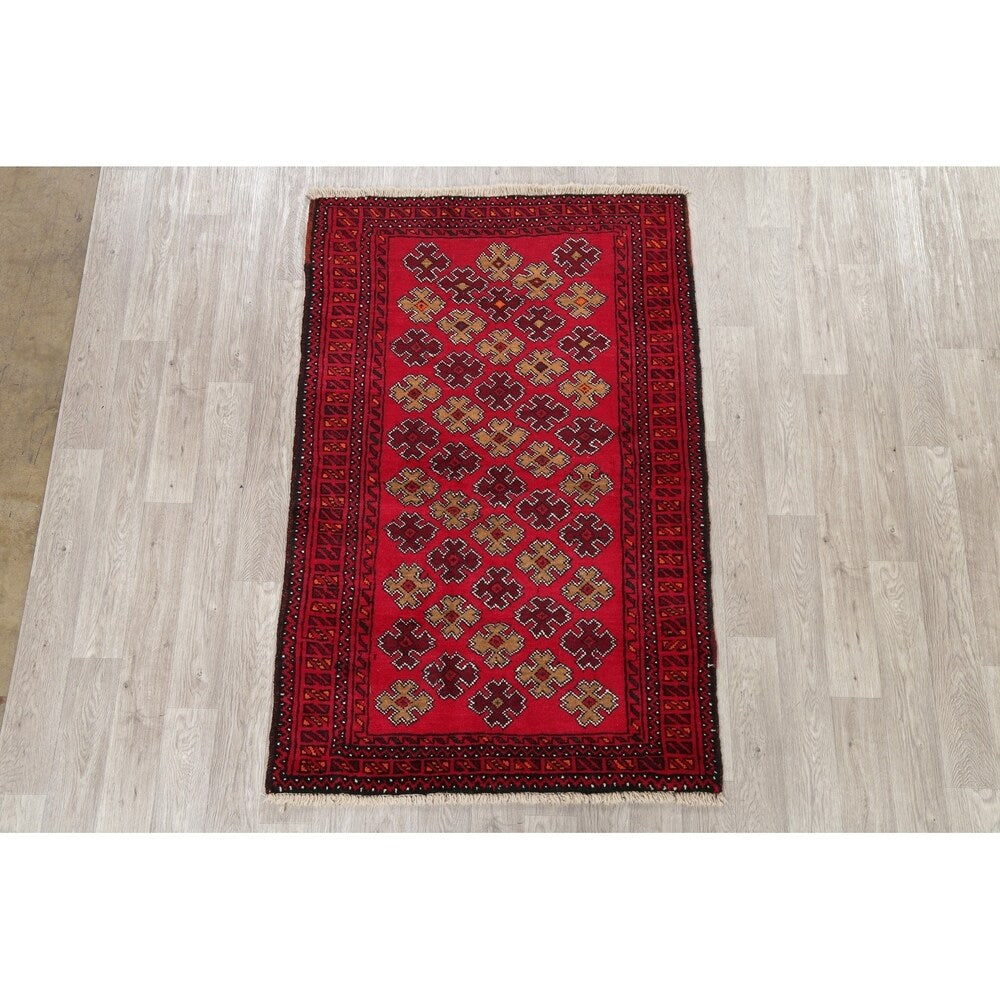 Geometric Red Balouch Afghan Oriental Wool Area Rug - 4' 1'' X 6' 3''