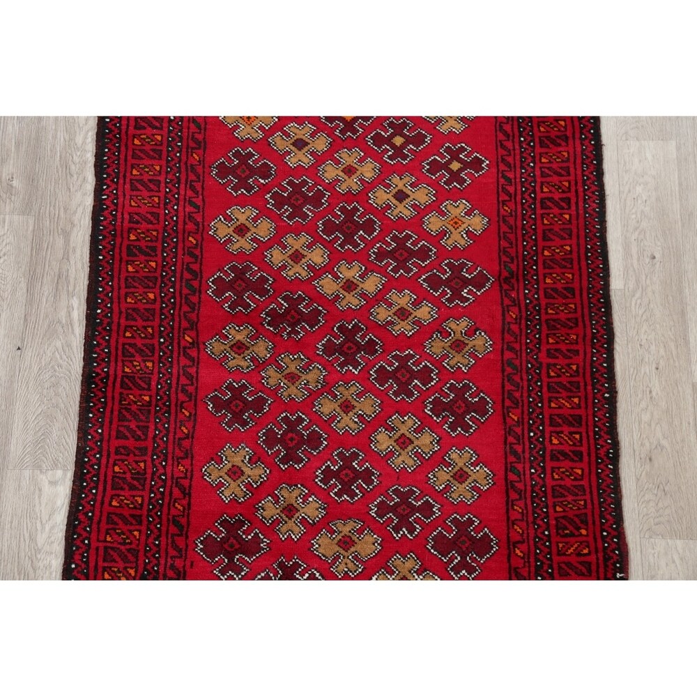 Geometric Red Balouch Afghan Oriental Wool Area Rug - 4' 1'' X 6' 3''