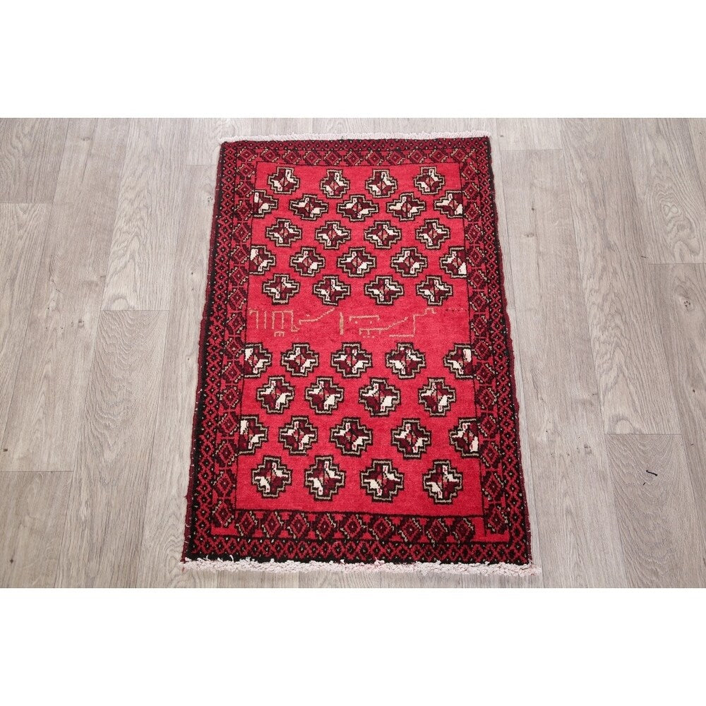 Geometric Red Balouch Oriental Wool Area Rug - 2' 1'' X 3' 1''