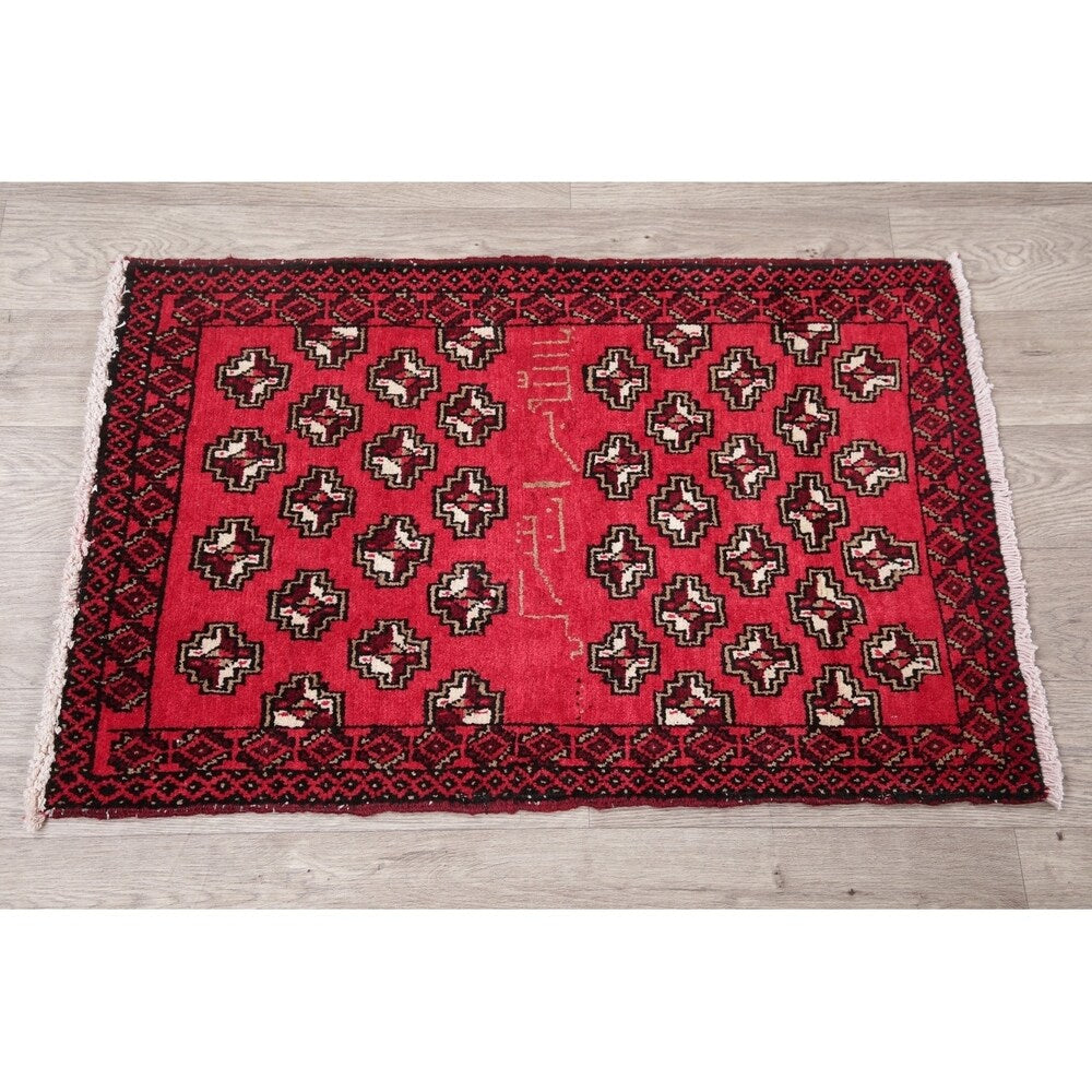 Geometric Red Balouch Oriental Wool Area Rug - 2' 1'' X 3' 1''