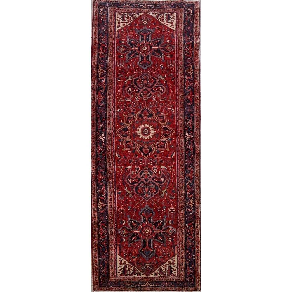 Geometric Red Heriz Persian Runner Rug Handmade Staircase Carpet - 4'2" x 12'4"