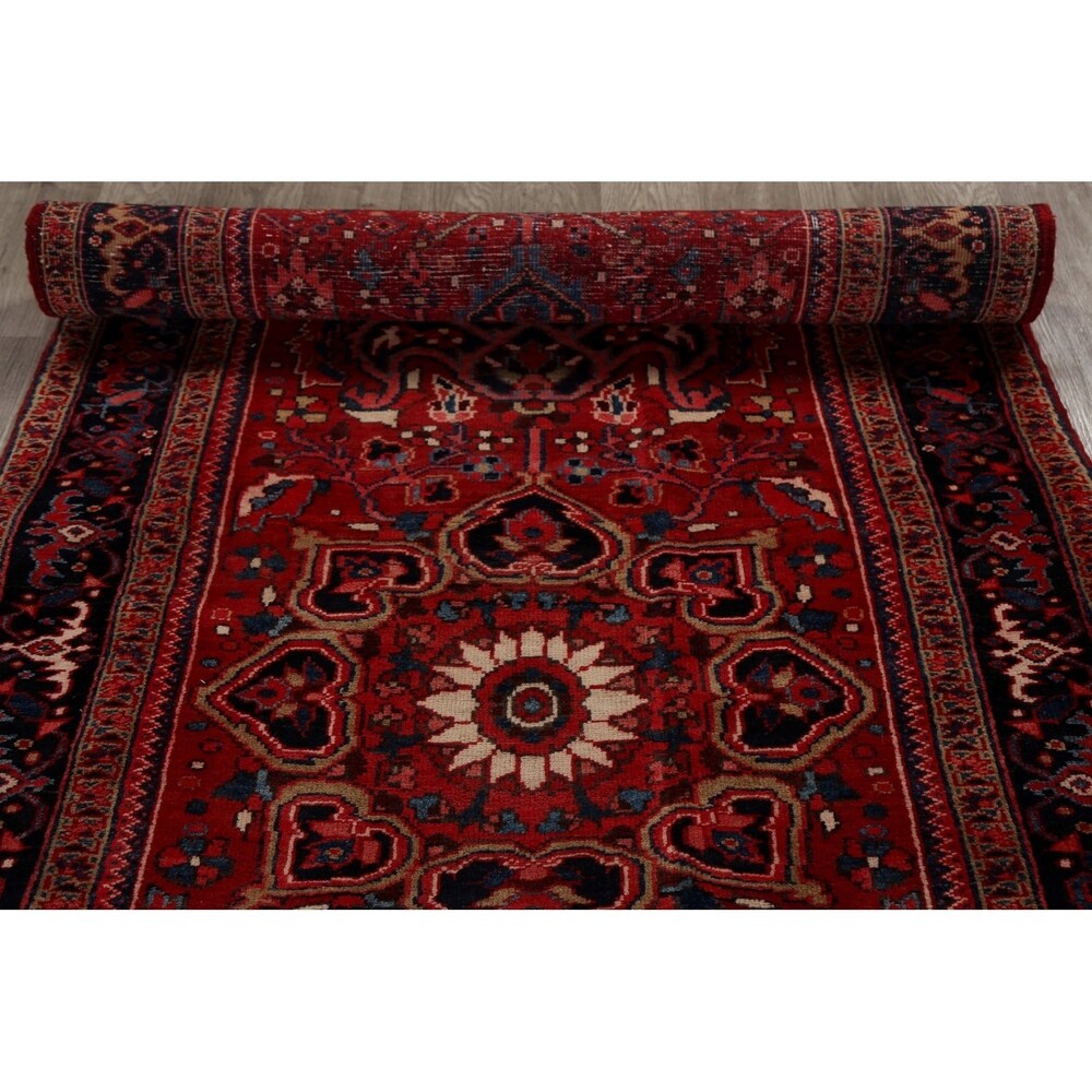 Geometric Red Heriz Persian Runner Rug Handmade Staircase Carpet - 4'2" x 12'4"