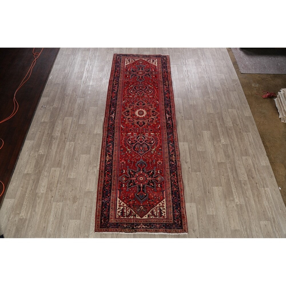 Geometric Red Heriz Persian Runner Rug Handmade Staircase Carpet - 4'2" x 12'4"