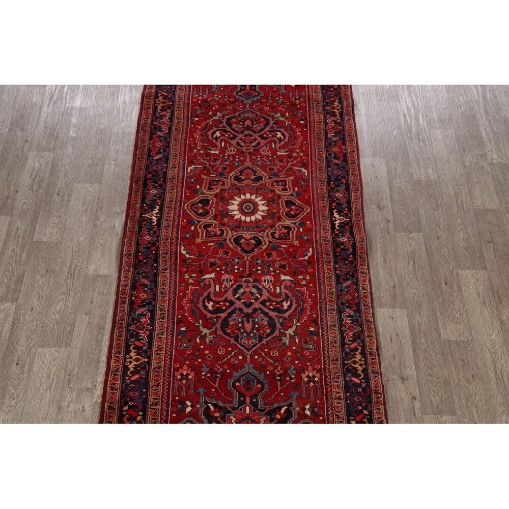 Geometric Red Heriz Persian Runner Rug Handmade Staircase Carpet - 4'2" x 12'4"