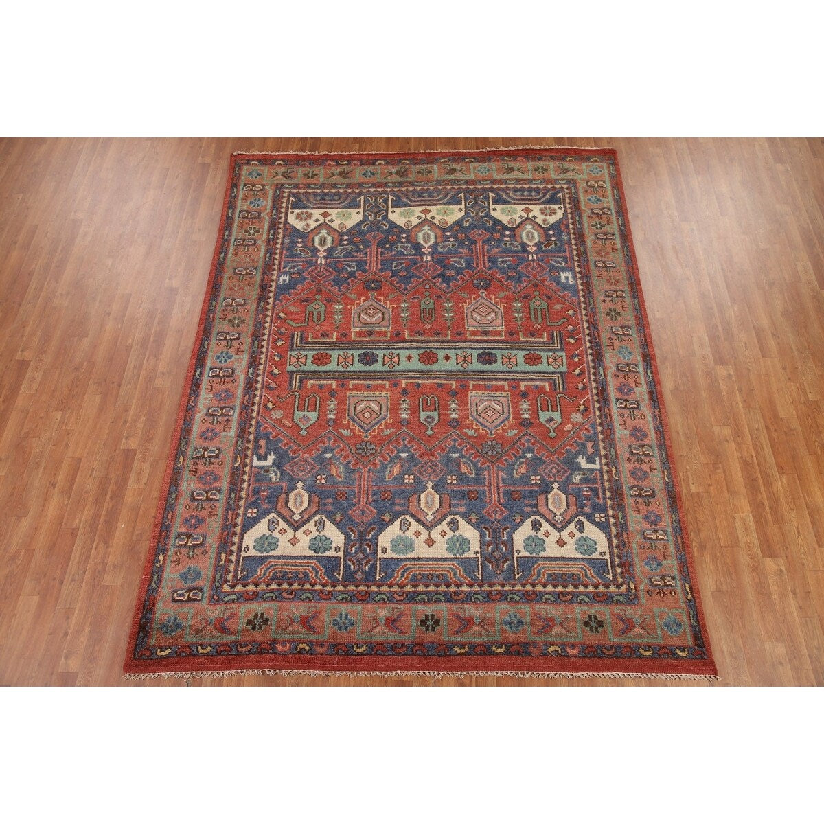 Geometric Sirjan Oriental Area Rug Hand-knotted Wool Carpet - 7'10" x 9'11"