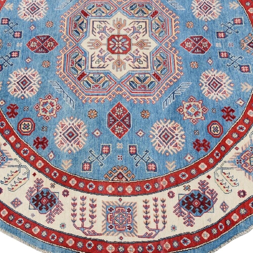 Geometric Super Kazak Oriental Blue Area Rug Handmade Carpet - 7'9" x 7'9" Round