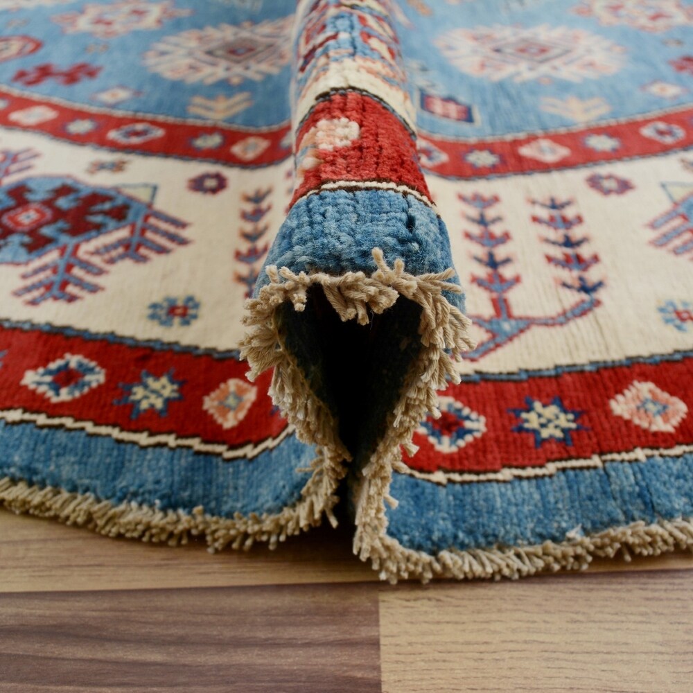 Geometric Super Kazak Oriental Blue Area Rug Handmade Carpet - 7'9" x 7'9" Round