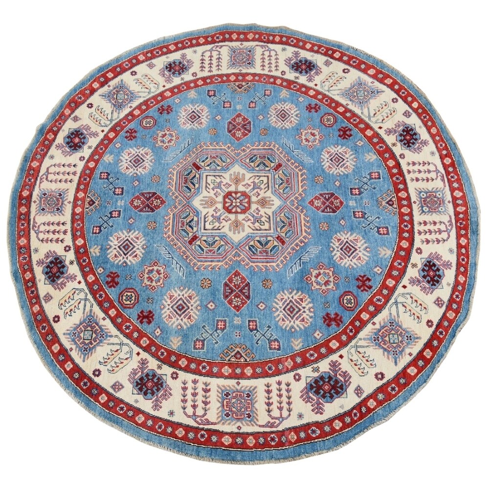 Geometric Super Kazak Oriental Blue Area Rug Handmade Carpet - 7'9" x 7'9" Round