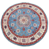 Geometric Super Kazak Oriental Blue Area Rug Handmade Carpet - 7'9" x 7'9" Round