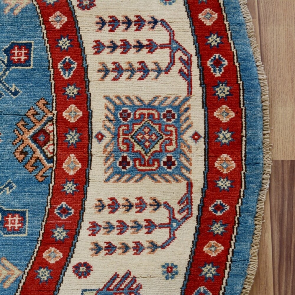 Geometric Super Kazak Oriental Blue Area Rug Handmade Carpet - 7'9" x 7'9" Round