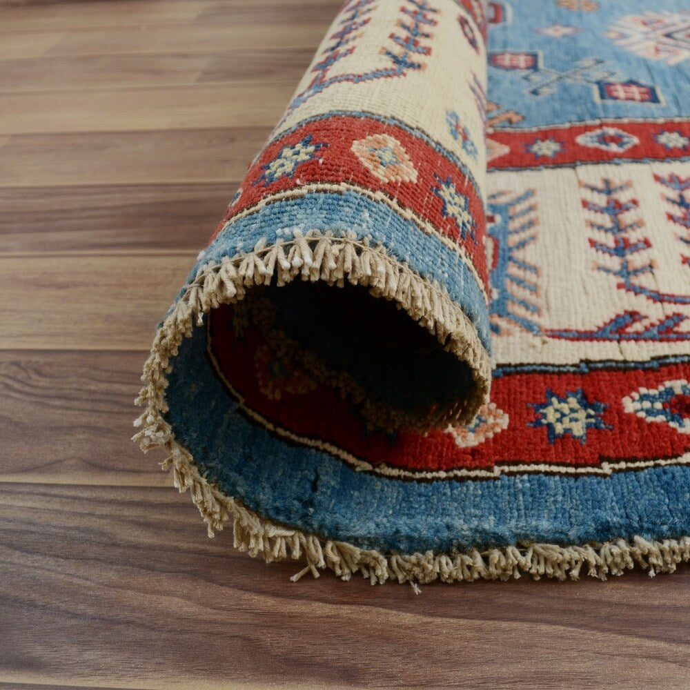 Geometric Super Kazak Oriental Blue Area Rug Handmade Carpet - 7'9" x 7'9" Round