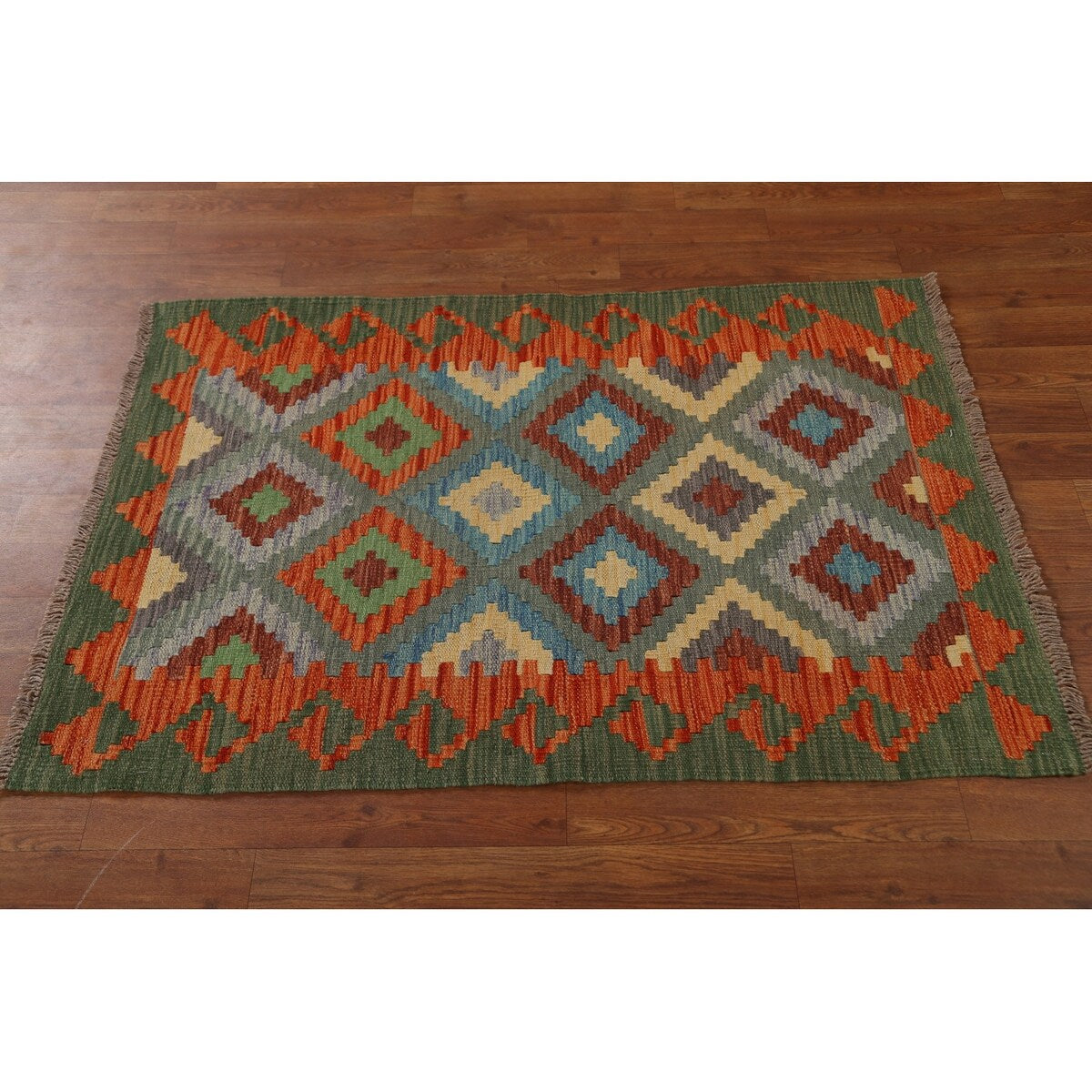 Geometric Tribal Kilim Wool Rug Hand-woven Oriental Carpet - 2'8" x 4'0"