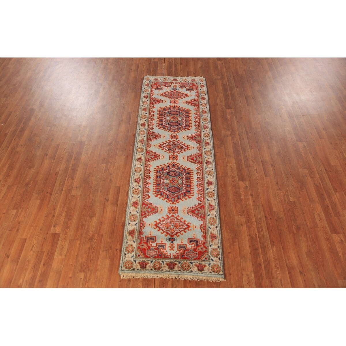 Geometric Viss Indian Runner Rug Hand-Knotted Beige Wool Carpet - 2'6"x 7'11"